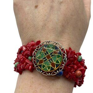 Carolyn Pollack Sterling 925 Inlay Medallion Coral Chip Stone Stretch Bracelet